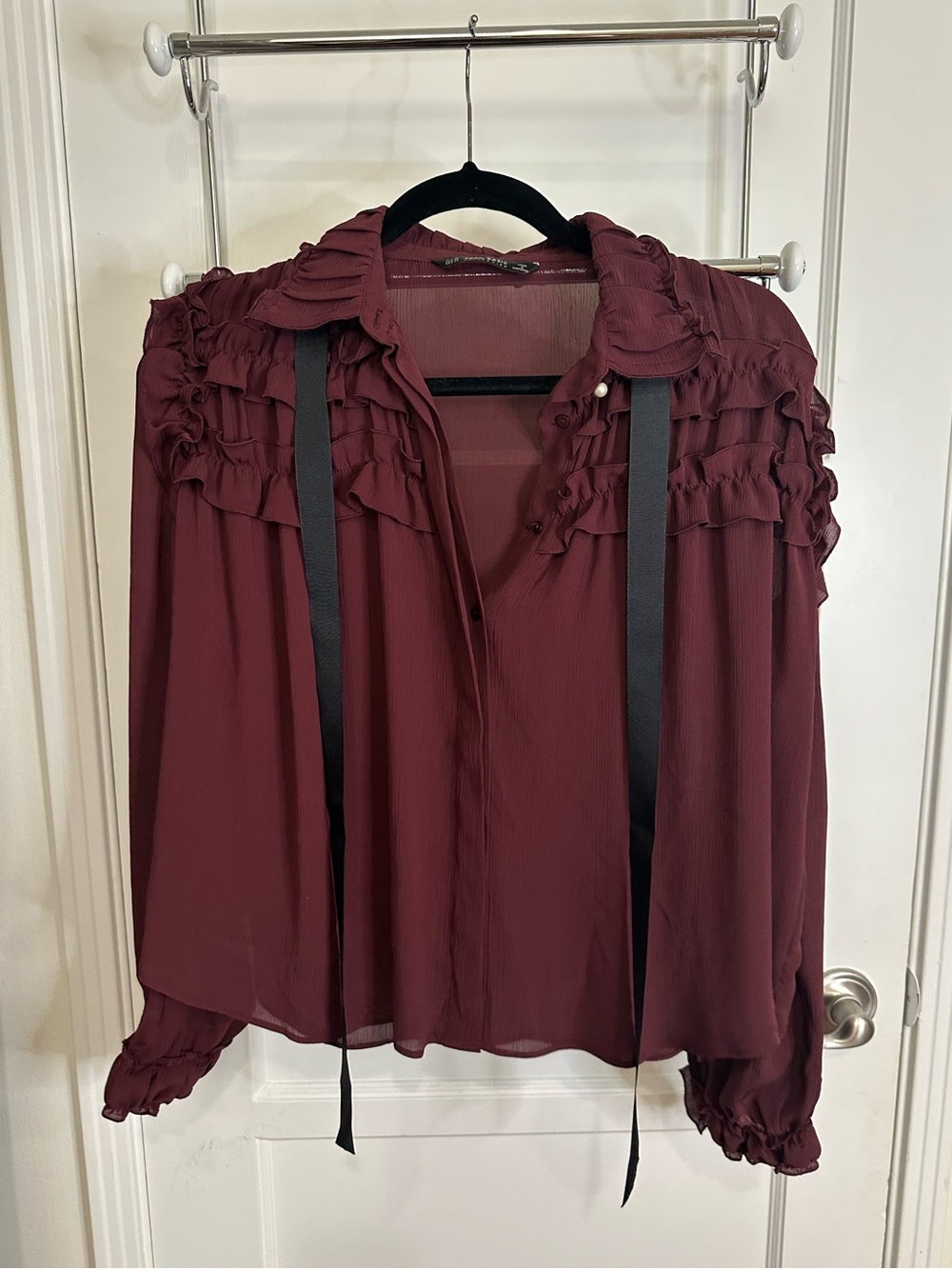 Zara Ruffled Tie-Neck Blouse in Burgundy